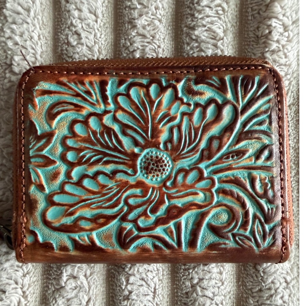 Hand Tooled Leather Accordion‎ Card Wallet Turquoise Floral Western Zip Around